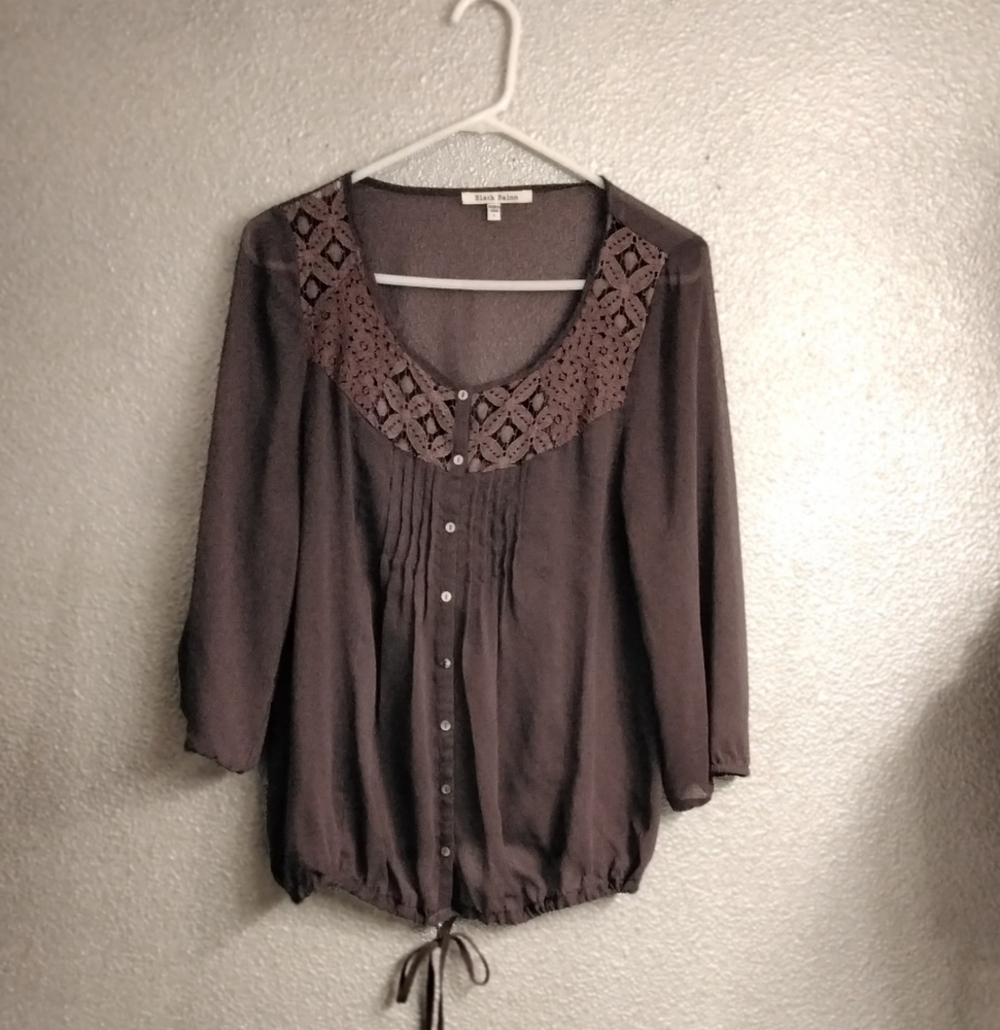 Black Rainn Sheer Mauve Lace Neckline Blouse Size L